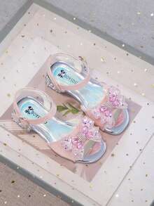 1 Pair Girls' Fashion Rhinestone Butterfly Decor Hook And Loop Design Comfortable Soft Bottom Non-Slip Sandals, Suitable For Girls In Summer - Pink - View 3