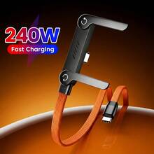 240W编织快充橙色数据线，内置手机支架（59.06英寸），Type-C充电线，二合一可折叠手机支架，耐用多功能充电线，适用于智能手机/平板电脑；橙色 - 橘色 - 查看 1