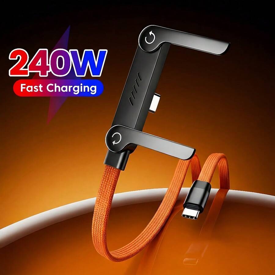 240W编织快充橙色数据线，内置手机支架（59.06英寸），Type-C充电线，二合一可折叠手机支架，耐用多功能充电线，适用于智能手机/平板电脑；橙色 - 橘色 - 查看 1