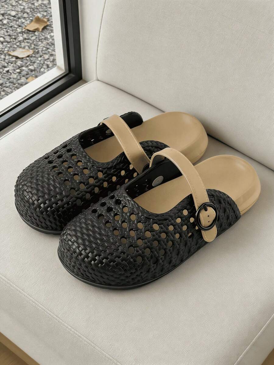 Women's Black Woven EVA Mary Jane Clogs, Breathable Summer Slip-On Sandals With Beige Adjustable Strap - Black - View 1