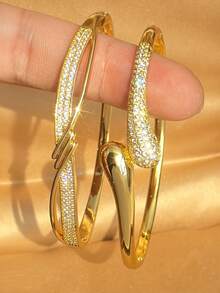 18K Gold Plated Twisted Double Layer Zirconia Stackable Bracelet Set, Fade-Resistant Adjustable Gold Bracelet, Elegant Women's Jewelry, Suitable For Daily Wear, Wedding - Multicolor - View 6