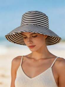 1pc Foldable Striped Bucket Hat, Large Brim Sun Hat For Summer UV Protection, Retro Fashionable Versatile Wide Brim Cap - Striped Hat - View 2