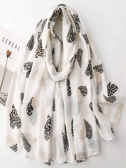 Cute & Youthful Heart Leopard Print Scarf, Travel Sun Protection Shawl, Soft Atmosphere Outfit Accessory For Women