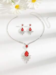 优雅荷叶边水滴吊坠Y型项链和耳环套装，新娘首饰，适合婚礼、晚宴和晚礼服 - 紅色 - 查看 6
