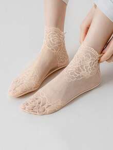 1/5双/包 洛丽塔风格女士隐形蕾丝袜 薄款女士蕾丝船袜 镂空防滑浅口透明春夏女袜 - 彩色 - 查看 13