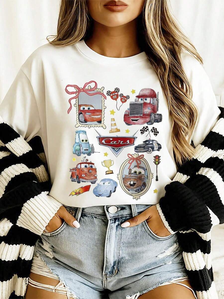 Disney Including Fashion Prints, Summer T-Shirts, Good Friend Prints, Suitable For Daily Wear, Easy To Wear In Summer, Micro-Elastic, Soft Round Neck Casual Daily Tops, Round Neck Summer Sweatshirts, Suitable For Both Men And Women, Holiday Gifts. - White - View 1