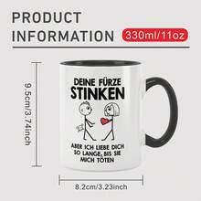 趣味德语短语马克杯 - “放屁真臭”（Die Furz Stinken），卡通人物设计，325毫升陶瓷咖啡杯，送给亲朋好友的趣味礼物，仅限手洗 - 白色 - 查看 2