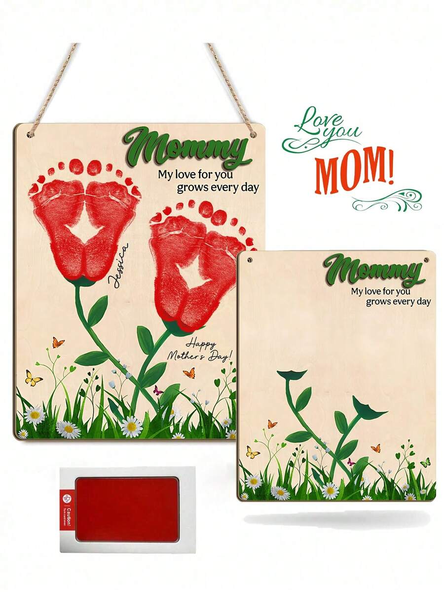 2件套 - DIY婴儿脚印艺术工艺品礼物，适合送给妈妈的第一个母亲节礼物，可作为婴儿脚印纪念品、婴儿脚印纪念物、母亲节礼物，表达我对你的爱与日俱增，也可作为婴儿派对的装饰礼物。