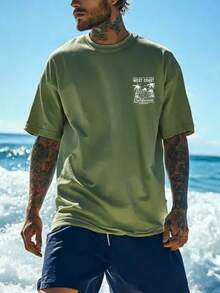 Men's Personalized Vacation Style Sunset Beach Print Short Sleeve T-Shirt, Suitable For Summer, Comfortable & Breathable, Leading Fashion - Green - View 3