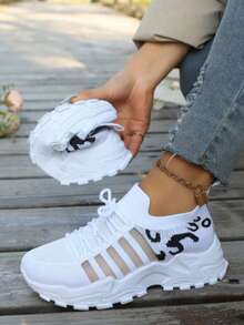 Fashion Leopard Print Lace-Up Trainers. Lightweight Mesh, Cushioned Sole And Flexible Design, Comfy For Gym, Walking And Everyday Casual Wear. - White - View 5