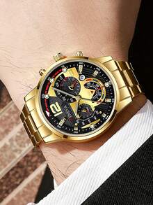 Fashionable Gold Quartz Watch With Calendar Function, Steel Strap, Suitable For Daily Wear, Music Festivals, Parties, A Great Birthday Gift Set With Bracelet, Necklace And Ring - Gold - View 3