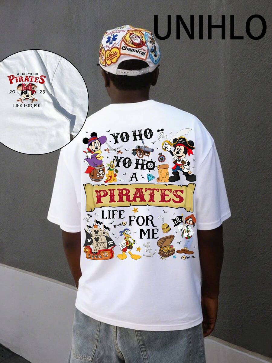 Disney UNIHLO  PIRATES Print  Summer Casual Versatile Pure Cotton T-Shirt Suitable For Any Place - White - View 1