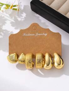 4-16pcs/Set Fashion Gold Color Small/Large Starfish, Shell, Smooth Small/Large Water Drop, Textured C Shape, Smooth Small C Shape, Wide Smooth C Shape Earring Set, Suitable For Summer Travel And Vacation Wear - Gold - View 3