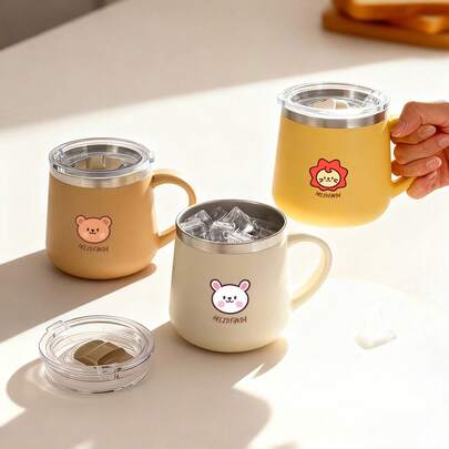 430毫升可爱304不锈钢咖啡杯，带盖带把手，便携式密封防漏双层水杯，保温防烫饮水杯，可重复使用的双层茶牛奶咖啡杯，适合学生和成人用于学校、办公室、旅行、户外露营、野餐、返校等场合。