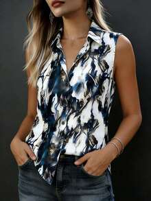 Women's Satin Shirt, Sleeveless Front-Button Shirt Collar Top, Non-Stretch Regular Fit, Suitable For Summer, Spring, And Autumn - Multicolor - View 6