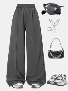 2pcs/Set Tween Girls' Street Style Solid Color Loose Straight Leg Casual Pants - Multicolor - View 3