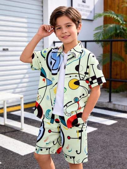 2pcs Boys' Summer Game Style All-Over Print Shirt And Shorts Set, Casual