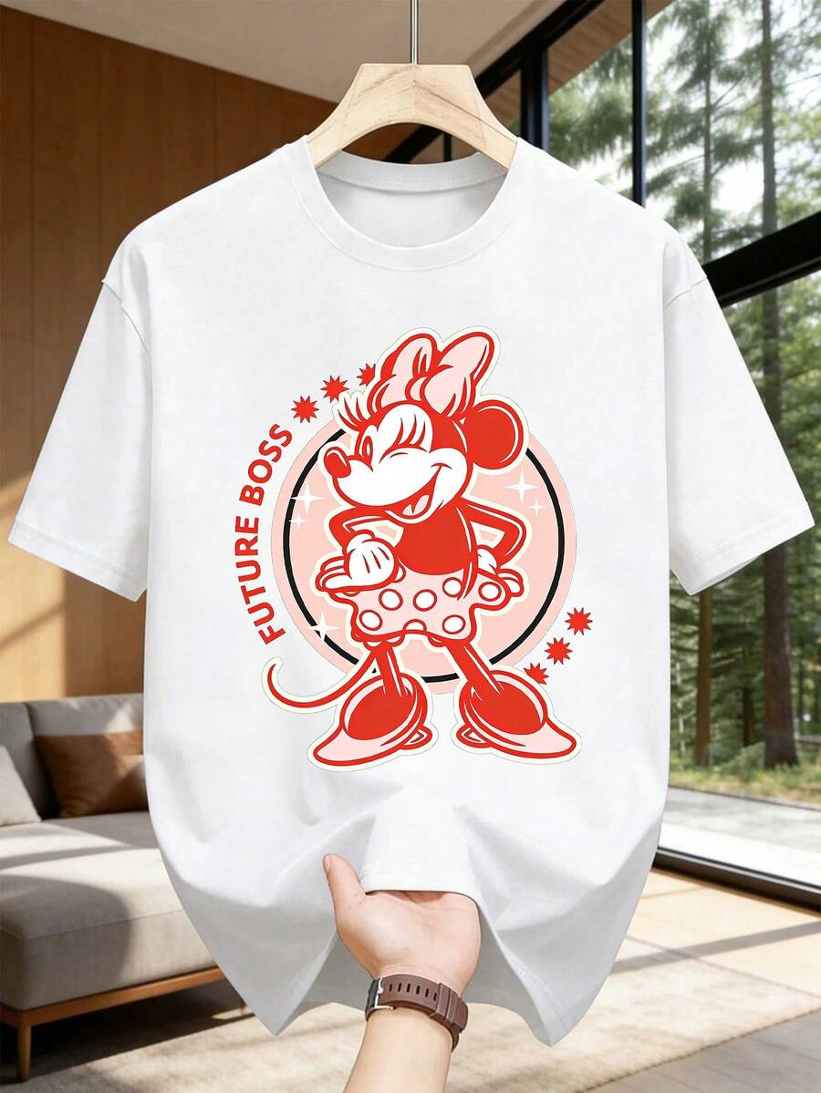 Disney Womens Casual Cotton Minnie Mouse Future Boss Print Short Sleeve Regular Round Neck T-Shirt - trắng - Xem 1