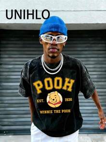 Disney UNIHLO   Winnie The Pooh  Printed Summer Heavyweight Retro Washed Street Fashion Casual T-Shirt - màu đen - Xem 3