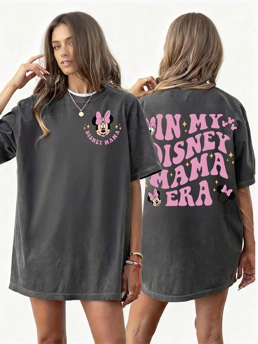 Disney UNIHLO  Mickey  Printed Summer Heavyweight Retro Washed Street Fashion Casual T-Shirt - 黑色 - 查看 1