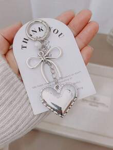 1pc Women's INS Style Silver Heart & Bow Keychain, Lace Heart Pearl Beaded Keychain, Minimalist Versatile Balloon Dog Keychain - Silver - View 9