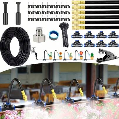500 cm/196,85 in Juego de medición para jardín, equipado con boquilla de latón, manguera de jardín de 4/7, rociador de niebla de latón flexible de 360° y rociador atomizador ajustable