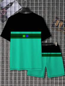 Bộ đồ nam thường ngày bằng polyester - Áo thun cổ tròn và quần short, họa tiết sọc tương phản, chất liệu vải dệt kim co giãn, dáng regular fit, có dây rút và túi, bộ đồ thời trang mùa hè. - Nhiều màu - Xem 3