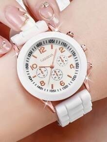 Women's New Fashion Luxury Brand Watch, Silicone Strap Quartz Wristwatch, Ladies Watch - White - View 1