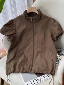Chaqueta/abrigo de manga corta para mujer para otoño/invierno, nuevo unicolor de moda con cuello Mao único, manga abullonada, ligera y holgada de manga corta, adecuada para viajes al aire libre, senderismo, viajes diarios, estilo versátil - Marrón - Ver 7