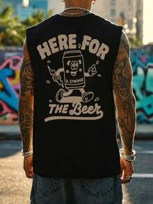 休闲街头风格 | 男士夏季无袖背心 | 卡通啤酒罐印花和“来喝啤酒”字样 - 黑色 - 查看 1