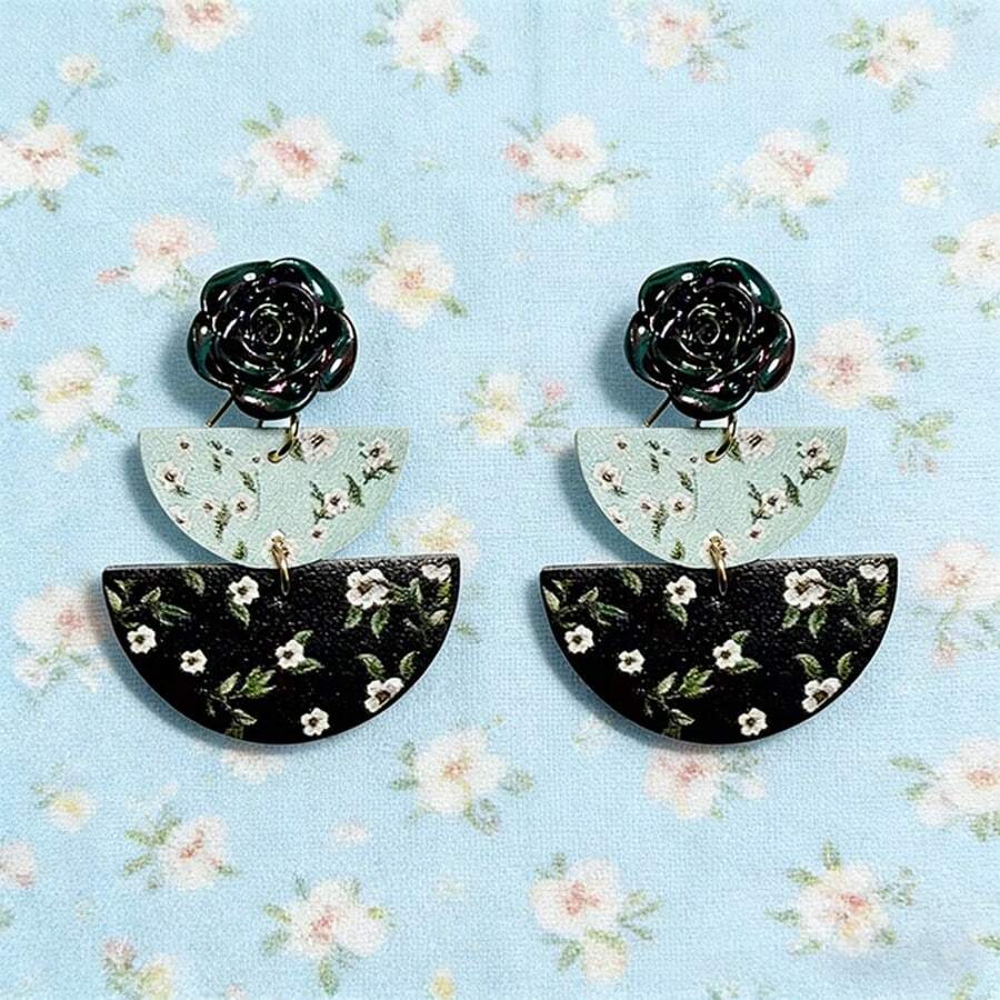 1 Pair Geometric Semi-Circle Floral Leather Earrings, Retro Unique Design Personalized Fashion Versatile Jewelry Accessories For Women - Handmade Earrings - View 1