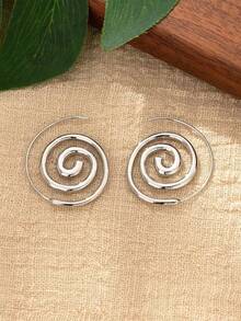 1 par de pendientes elegantes de mujer con flor y degradado de color, color plateado, con diseño circular hueco y espiral de gran tamaño, estilo único y popular - Plateado - Ver 3