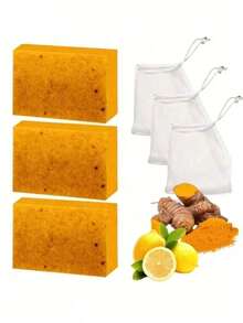 1/3/5 Turmeric Vitamin C Kojic Acid Brightening Cleansing Bar, Deeply Cleanses Skin, Brightens Complexion, Smoothens Texture, And Enhances Hydration, Bidding Farewell To Dullness And Roughness To Reveal Radiant Glow. Suitable For Bathing, This Handmade Soap Contains Natural Turmeric Root Extract, Providing Deep Cleansing While Moisturizing And Nourishing The Skin. - Multicolor - View 2