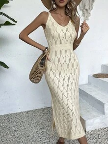 女士休闲V领纯色钩花开衩连衣裙，全白夏季款，奶油黄返校秋季款，优雅长款派对连衣裙，适合秋冬季节（图案随机） - 杏色 - 查看 4