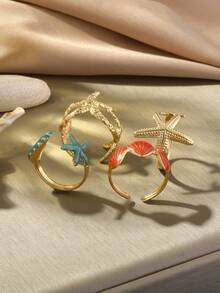 海星贝壳吊坠开口戒指套装，海洋风夏季沙滩配饰，女士 - 海星貝殼戒指 - 查看 5