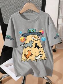 Girls' Spaceship & Kitty Planet Print Round Neck Short Sleeve T-Shirt, New Arrival Summer & Spring - Grey - View 2