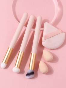 6件套专业化妆刷套装 - 遮瑕刷、腮红刷、眼影晕染刷、多功能化妆刷 + 不吸粉迷你化妆海绵 + 双面柔软扇形粉扑 - 杏色 - 查看 2