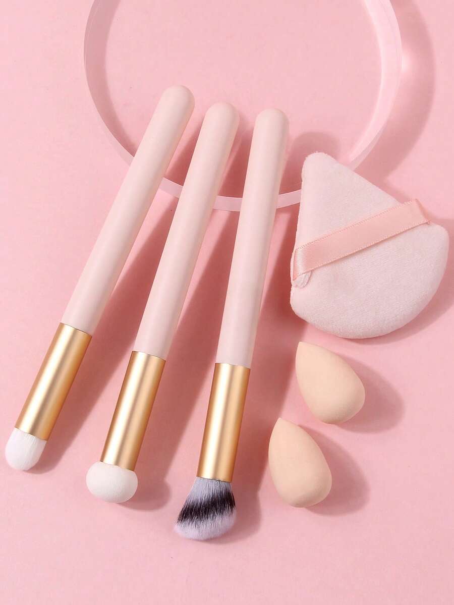 6件套专业化妆刷套装 - 遮瑕刷、腮红刷、眼影晕染刷、多功能化妆刷 + 不吸粉迷你化妆海绵 + 双面柔软扇形粉扑
