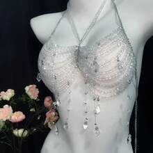 1Pc Sexy, Fashionable, Personalized, Exquisite, Multi-Layered Faux Pearl Chest Chain Top Chain, Wedding Party Accessories Chest Chain Body Chain European And American Sexy Bikini Three-Dimensional Back Chain Backless Assembly Accessories Boho Gold Chest Body Chains Layered Summer Sand Beach Bikini Waist Chain Accessories For Women - White - View 3