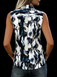 Women's Satin Shirt, Sleeveless Front-Button Shirt Collar Top, Non-Stretch Regular Fit, Suitable For Summer, Spring, And Autumn - Multicolor - View 3