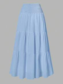 Women's Solid Color Minimalist Versatile Ruffle Hem Bubble Crinkle Feeling Semi-Sheer Skirt Summer - Sky Blue - View 3