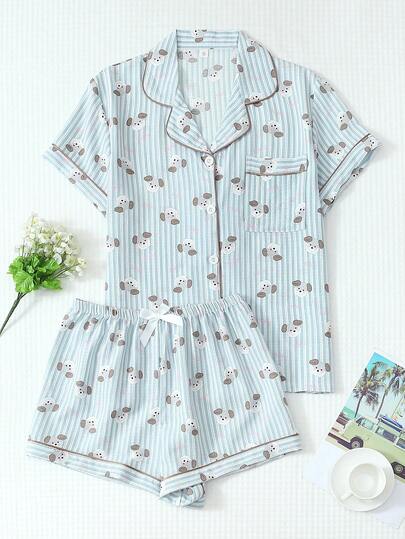 2pcs Women Dog Print Pajama Set, Lapel Button Short Sleeve Top And Bow Tie Shorts, Sweet Sleepwear