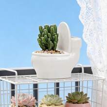 1pc Ceramic Toilet Shaped Succulent Planter, Desktop Small Flower Pot, Cute Toilet Bowl Succulent Planter Pot With Drainage Tray (Large) - A - View 5