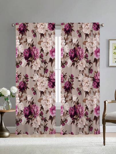 2pcs Purple Peonies Printed Curtains,Without Holes Curtain, Refer To Bedroom Office Kitchen Living Room Study Home Decor