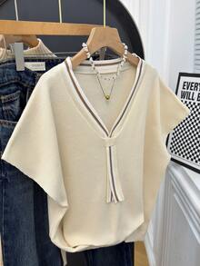 Suéter de punto holgado con cuello de corbata, a rayas y contraste de color, para primavera, talla grande - Beis - Ver 2