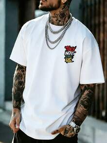 男士街頭時尚寬鬆版個性化口號短句英文印花圓領短袖T恤 | 夏季必備 - 白色 - 查看 6