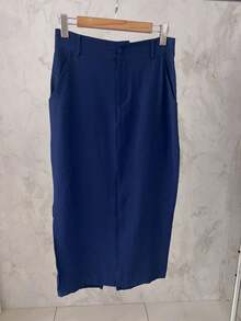 Elegant Formal Ensemble Consisting Of A V-Neck Vest With Tie Detail And A Midi Skirt With A Slit | Sophisticated Cut | Marrant - Màu xanh hải quân - Xem 8