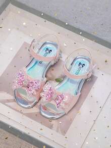 1 Pair Girls' Fashion Rhinestone Butterfly Decor Hook And Loop Design Comfortable Soft Bottom Non-Slip Sandals, Suitable For Girls In Summer - Pink - View 2