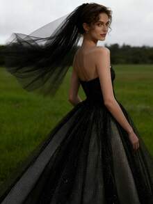 1pc Bride's Simple Style Mid-Length Double-Layer Veil - Black - View 6