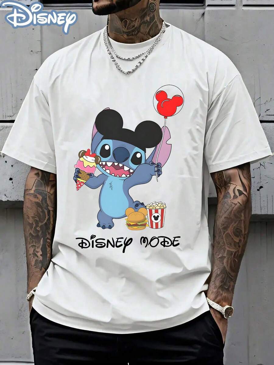 Disney Officially Licensed Graphic T Shirts 100 Percent Cotton Disney Shirt, Stitch Disney Mode T-Shirt, Unisex, 220g, Retro Vintage, Crew Neck Short Sleeve, Casual Daily Wear - 白色 - 查看 1